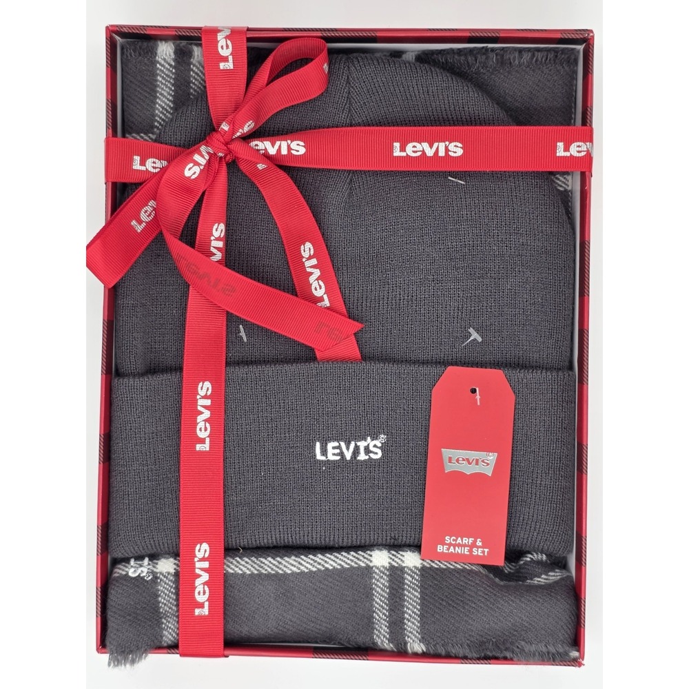 Levi's Men's Logo Beanie & Windowpane Scarf Gift Set Gray One Size NWT